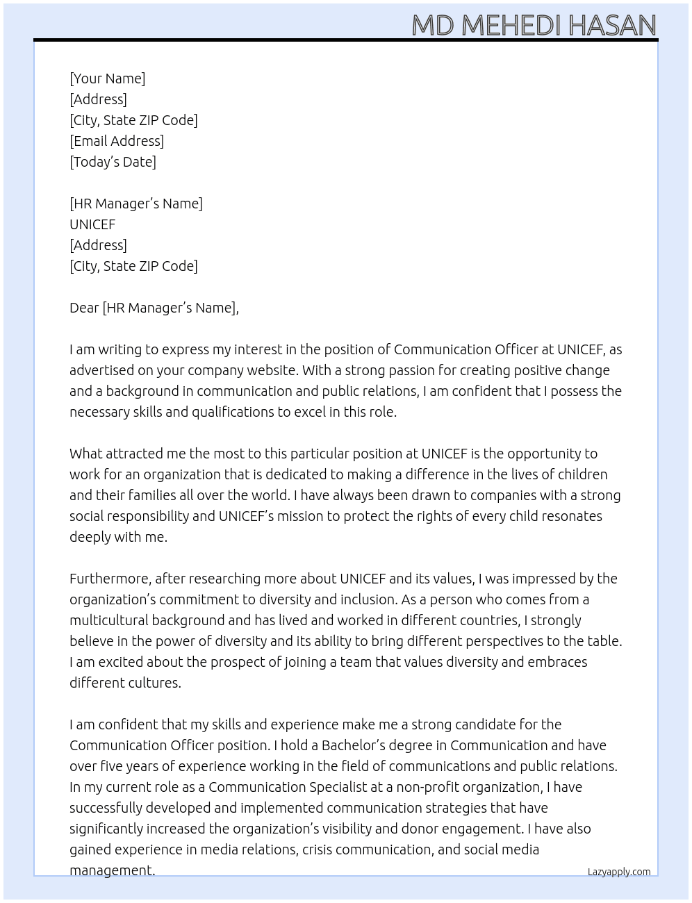 Communication Officer, At  UNICEF Cover Letter