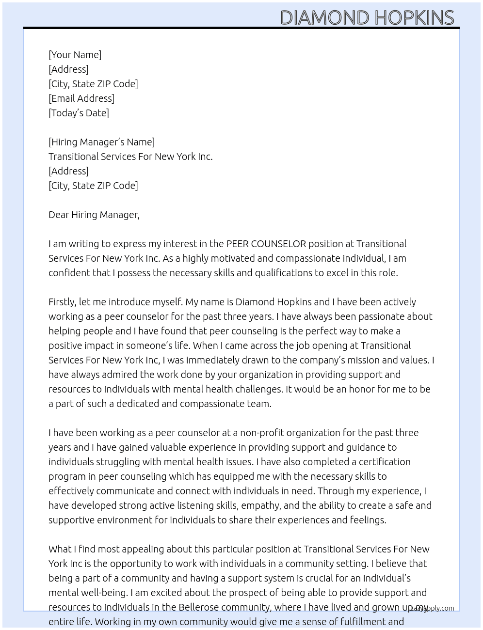 PEER COUNSELOR At Transitional Services For New York Inc  Cover Letter