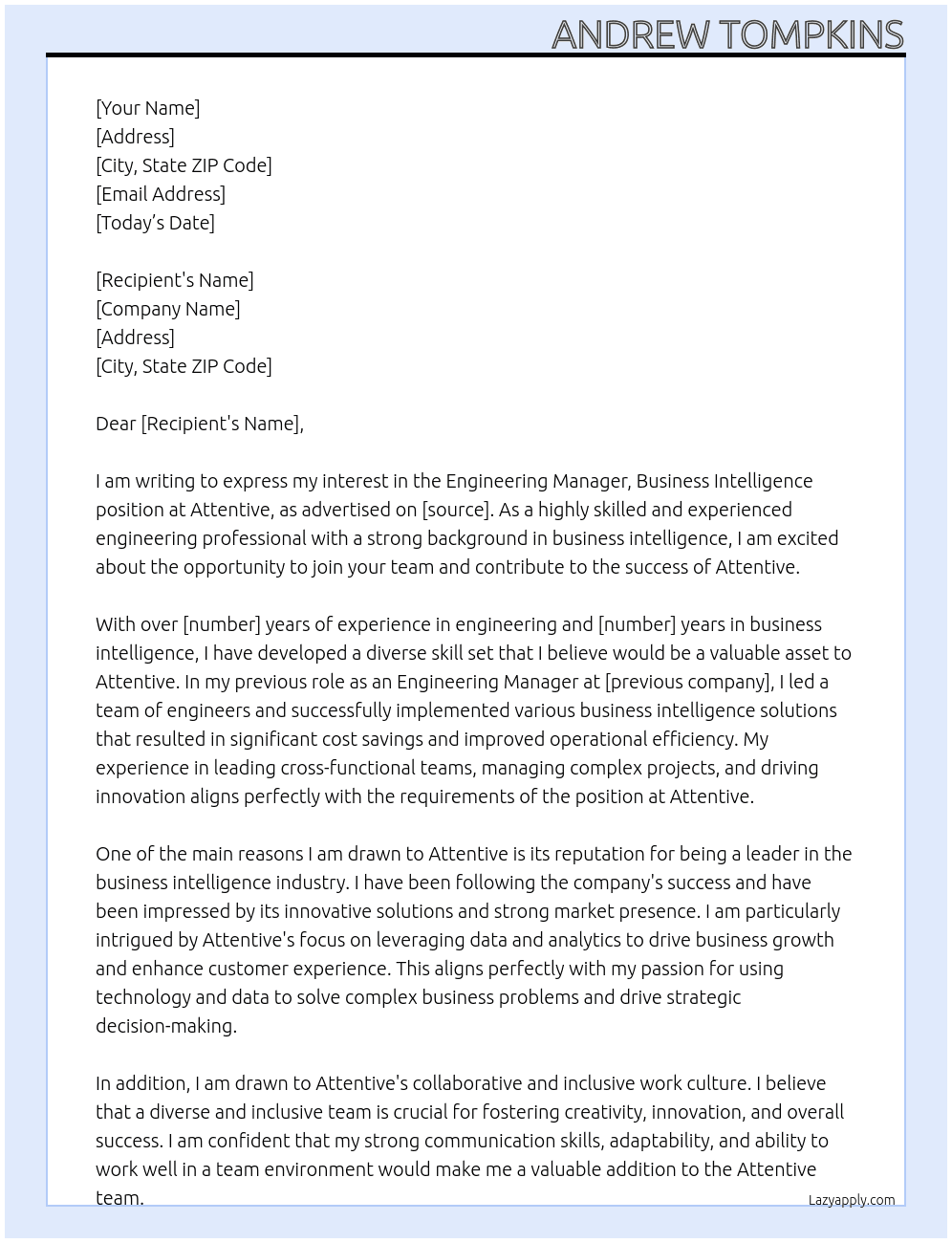 Engineering Manager, Business Intelligence At Attentive Cover Letter