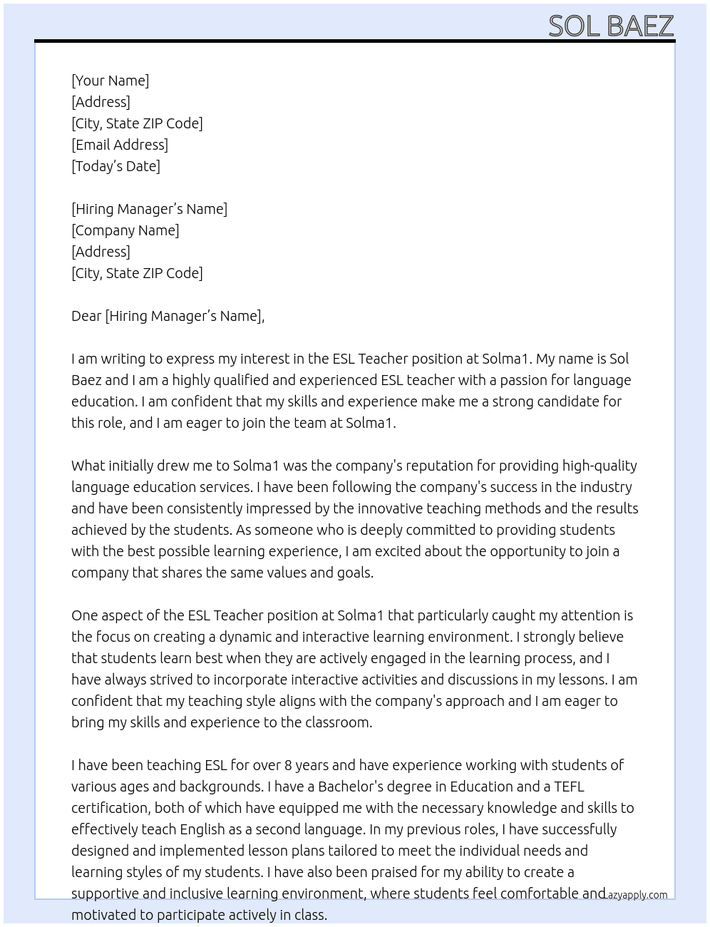 ESL teacher At Solma1 Cover Letter