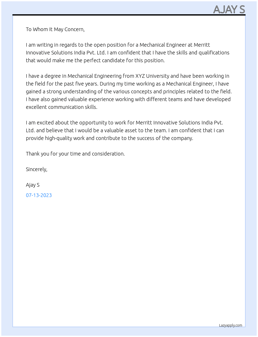 MECHNICAL ENGINEERE At MERRITT INNOVATIVE SOLUTIONS INDIA PVT.LTD Cover Letter