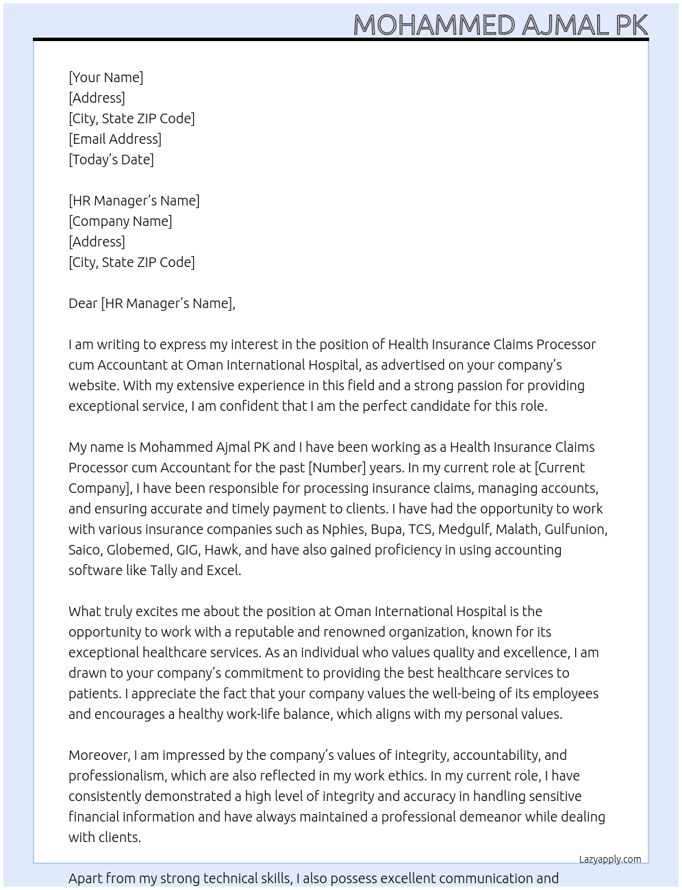 Health Insurance Claims processor cum Accountant At Oman International Hospital Cover Letter