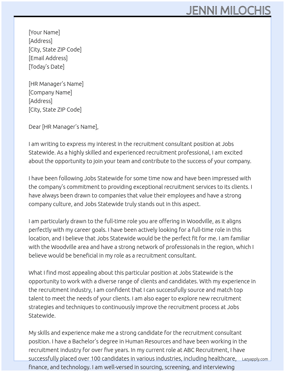 recruitment consultant At Jobs Statewide Cover Letter