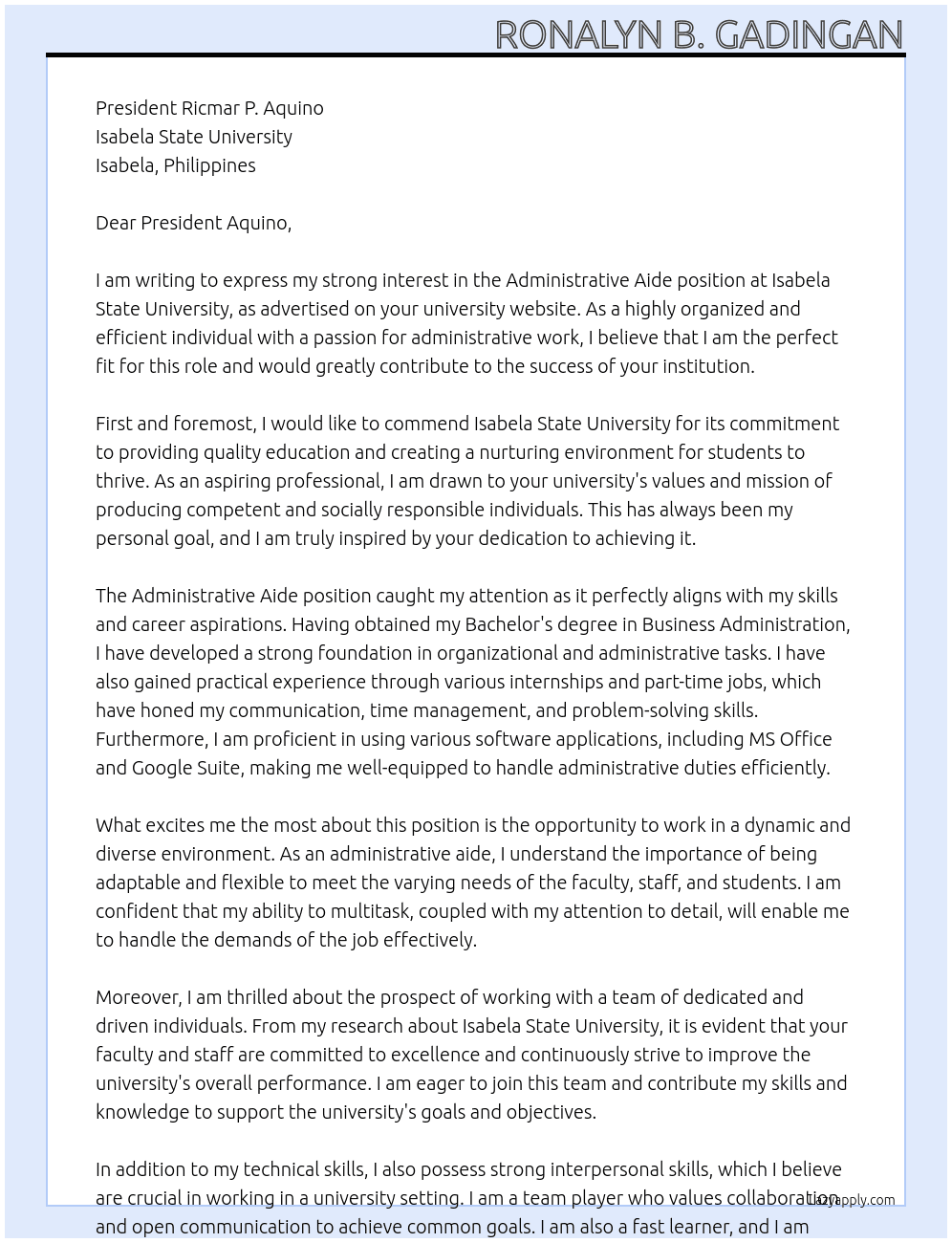 AdminitratIve Aide At Isabela State University Cover Letter