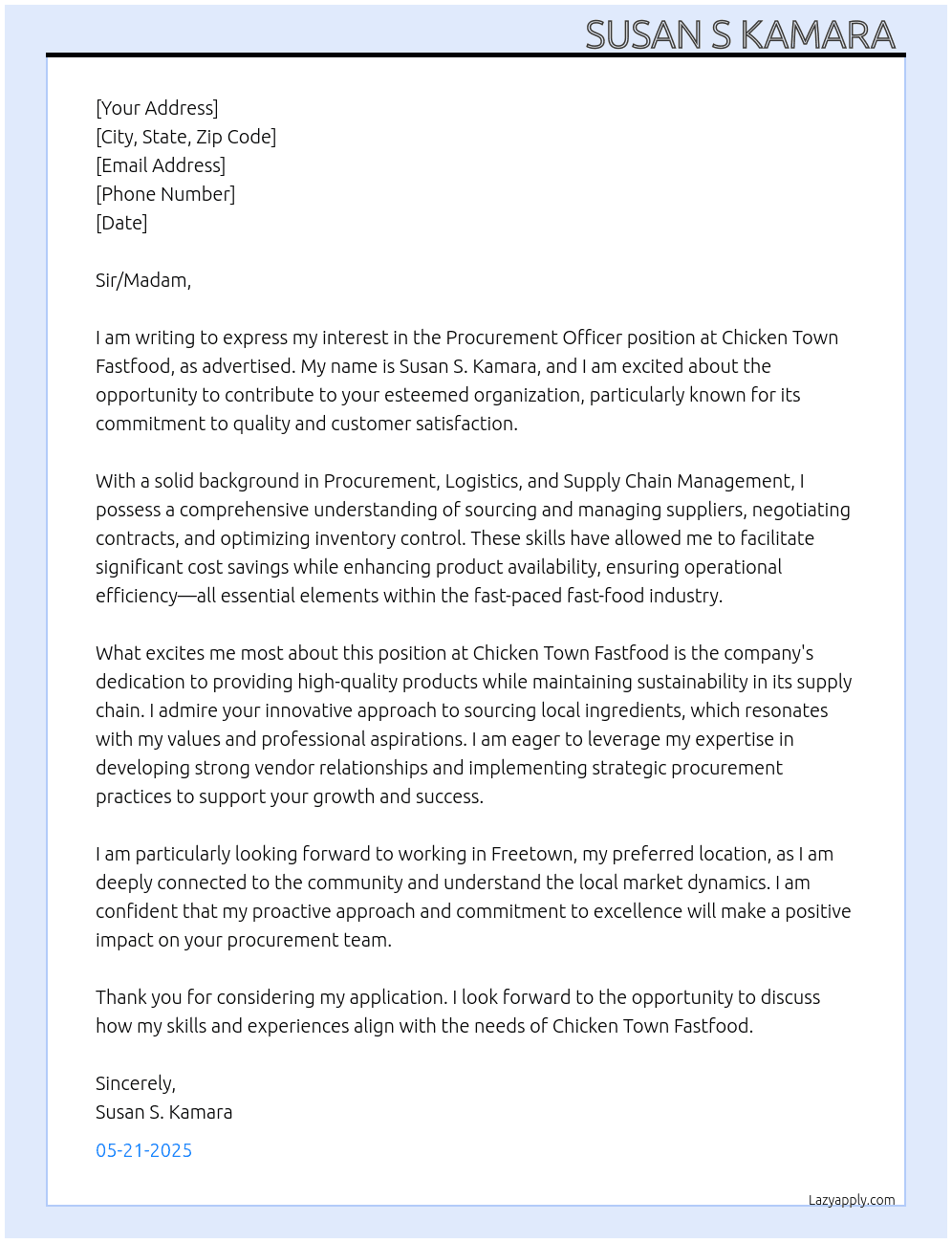 Procurement Officer At Chicken Town Fastfood Cover Letter