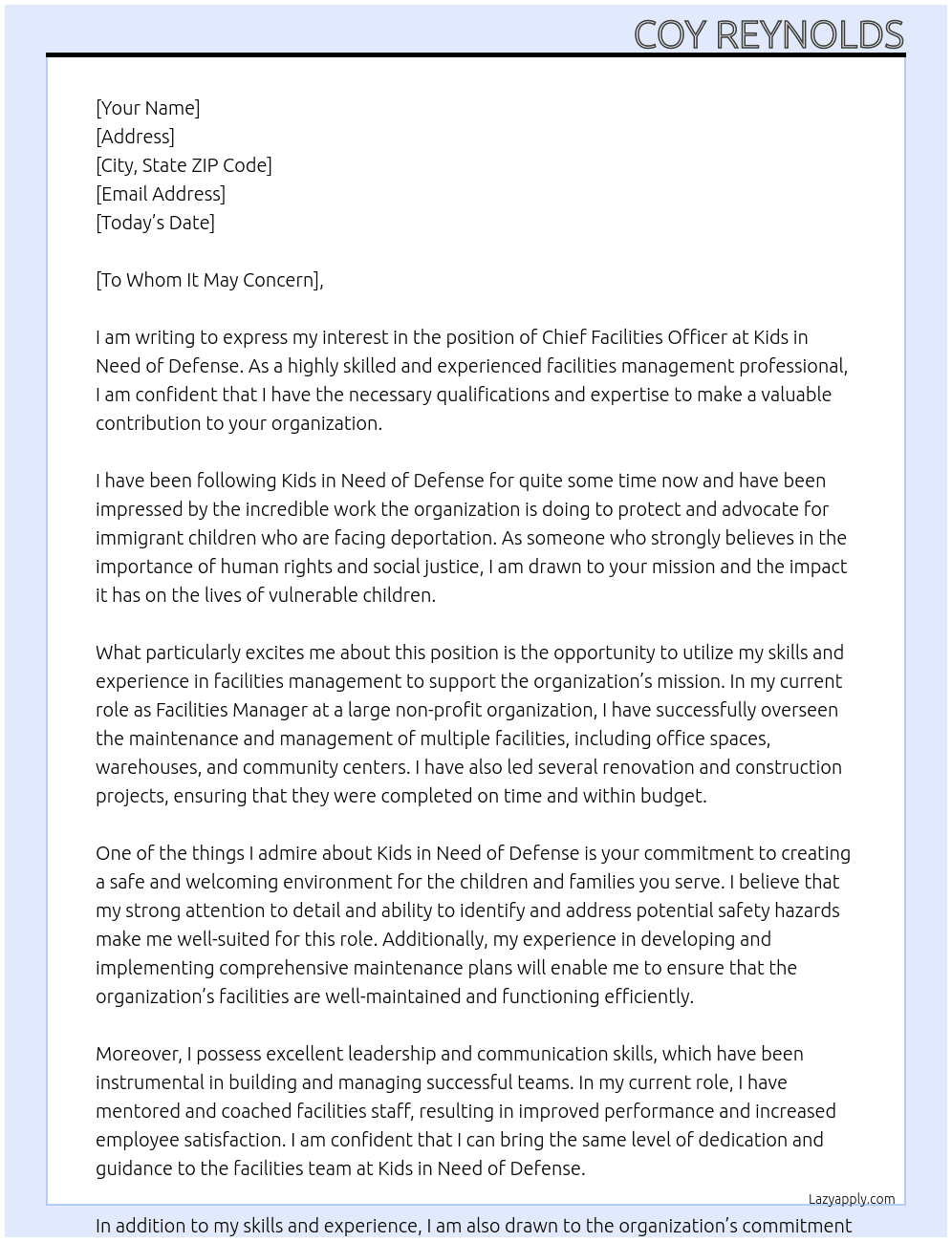 Chief Facilities Officer At Kids in Need of Defense Cover Letter