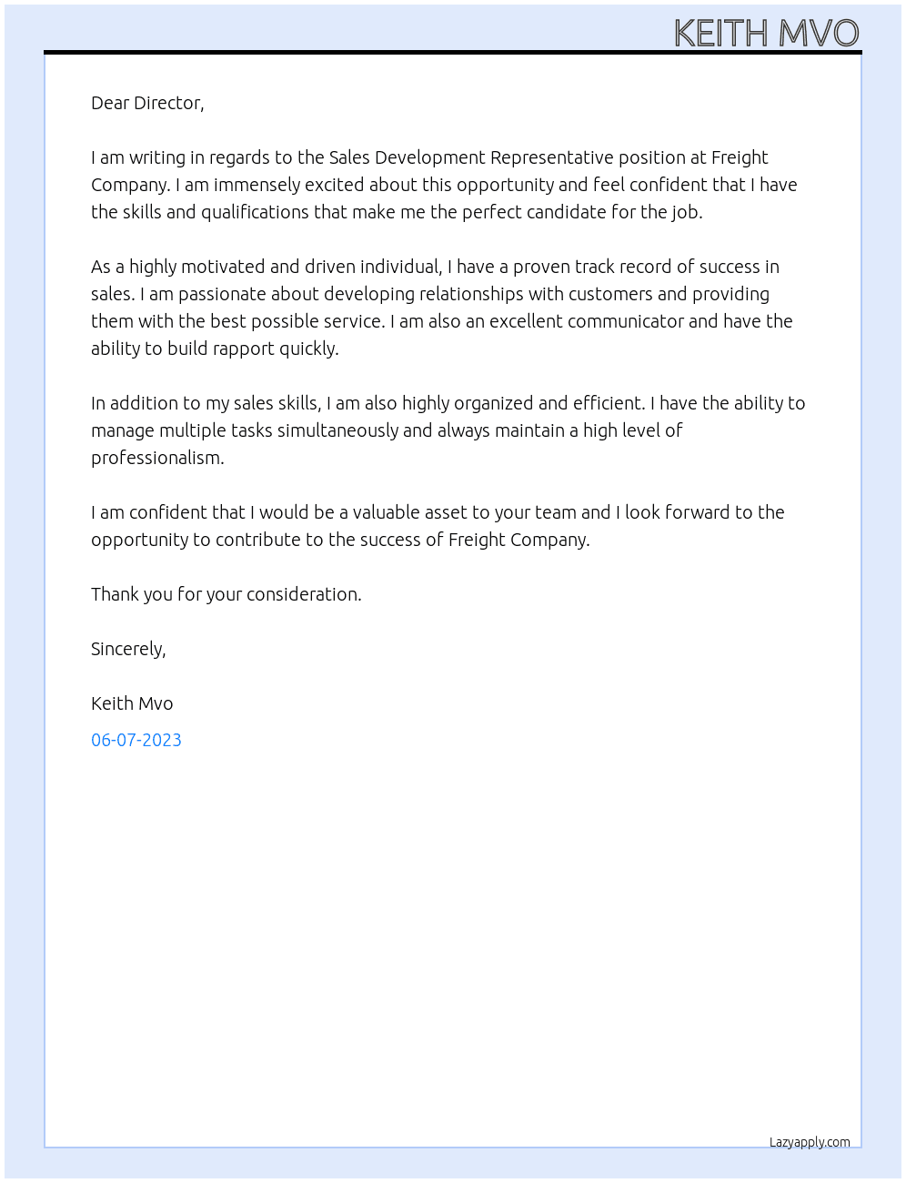Sales Development Representative At Freight Company Cover Letter