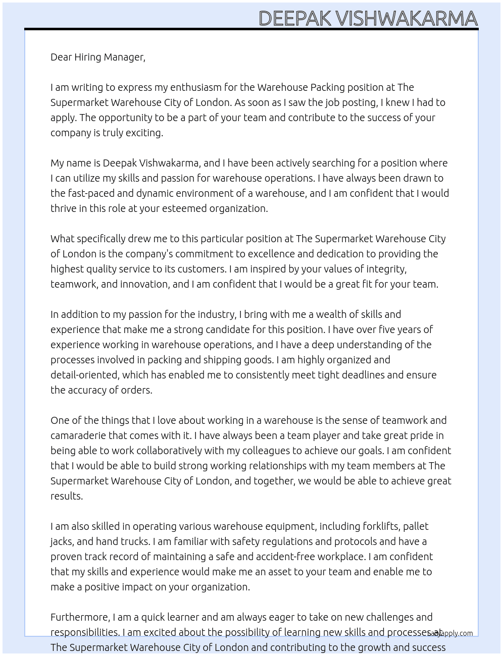 Warehouse packing jobs At The supermarket warehouse city of london Cover Letter