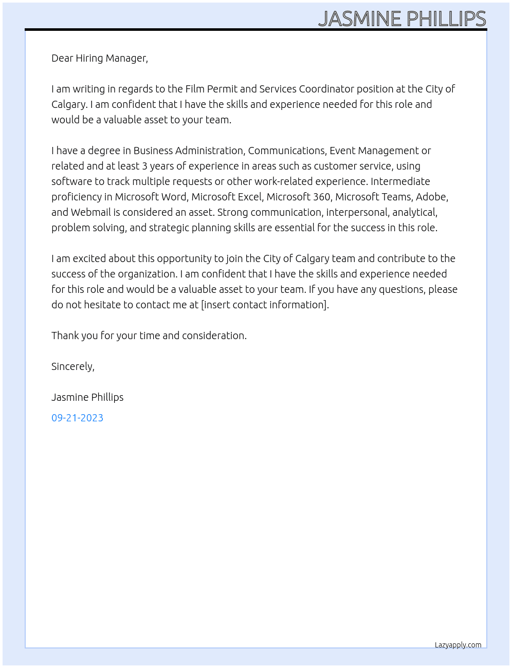 Film Permit and Services Coordinator At City of Calgary Cover Letter