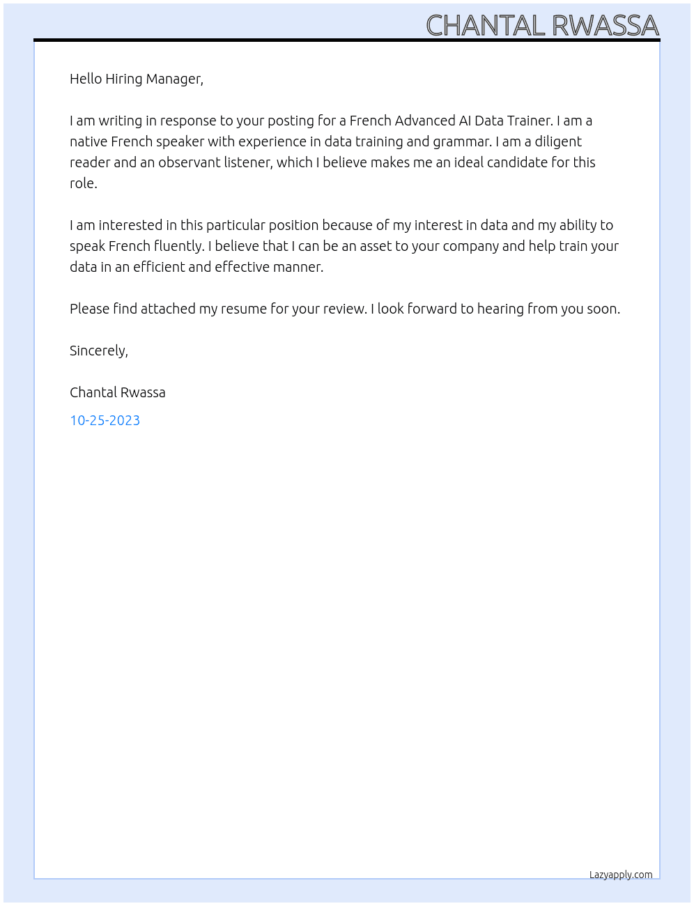 French Advanced AI Data Trainer At Invisible Cover Letter