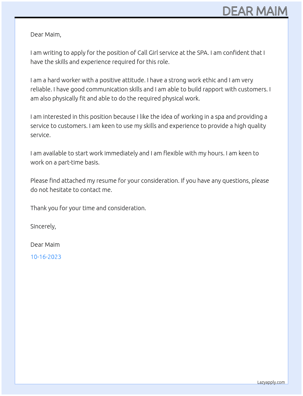 Call Girl service  At Call Girl service SPA Cover Letter