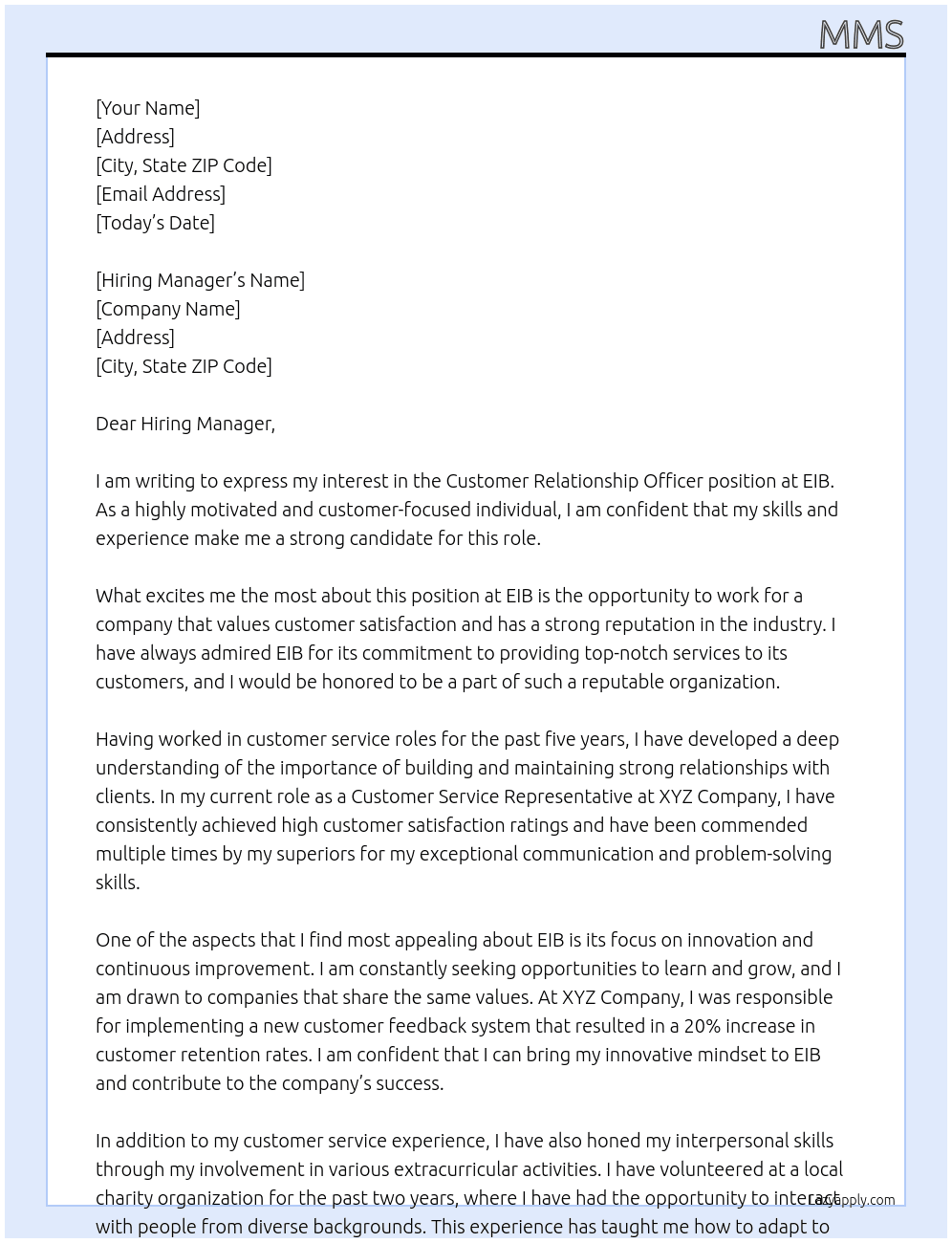 Customer Relationship officer At EIB Cover Letter