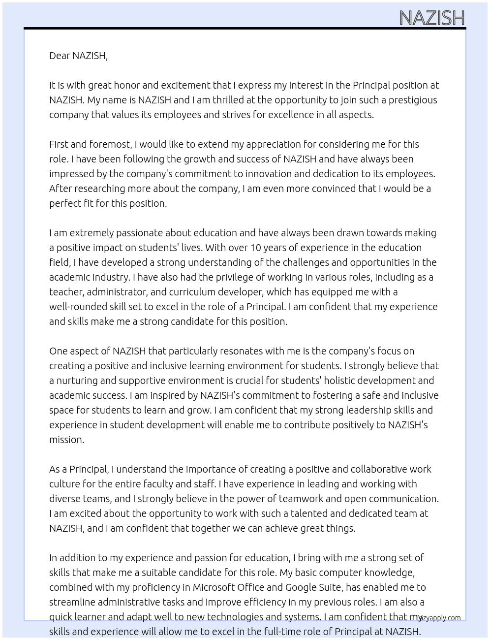 Principal At NAZISH Cover Letter