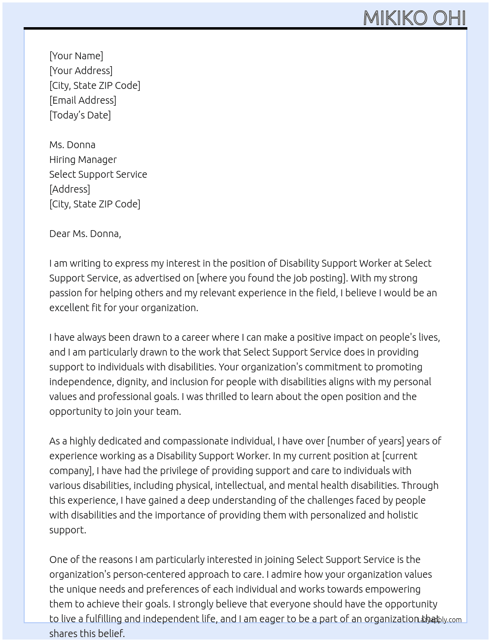 Disability support worker At Select Support Service Cover Letter