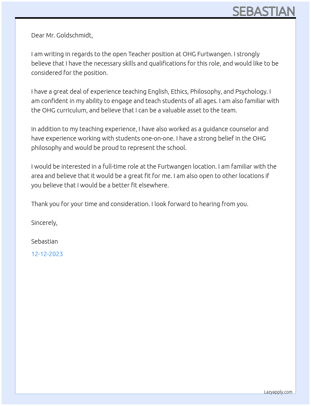 Teacher At OHG Furtwangen Cover Letter