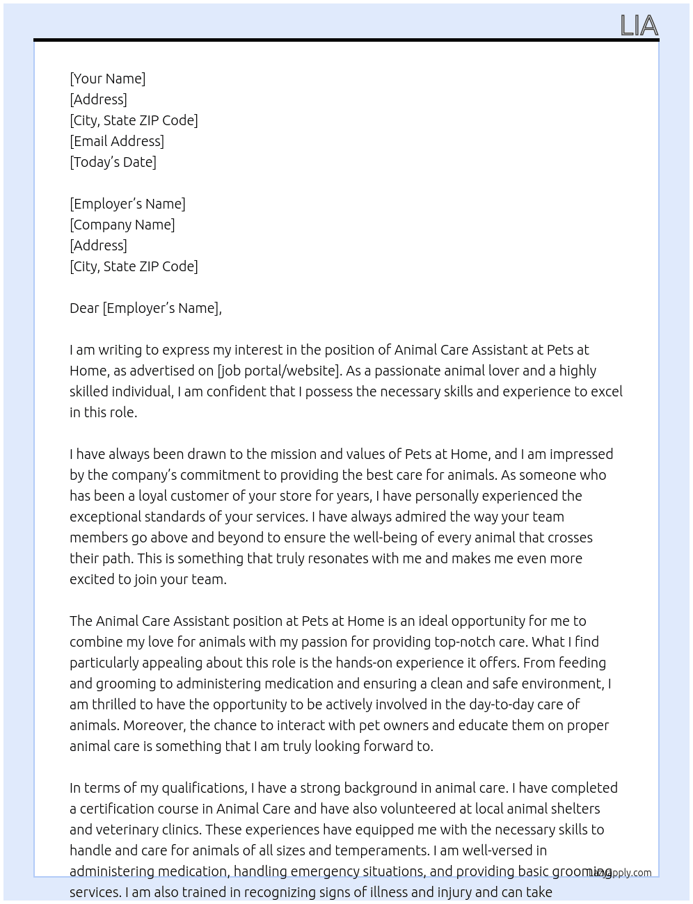 animal care assistant At pets at home Cover Letter