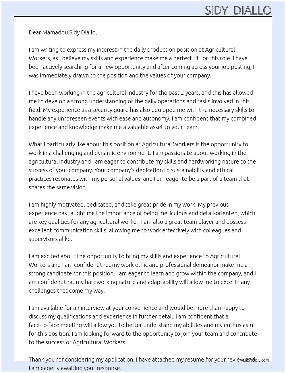 Agricultural workers  At Agricultural workers  Cover Letter