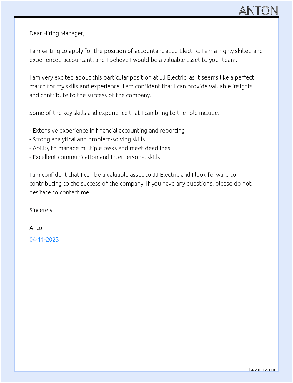Accountant  At Jj electric  Cover Letter