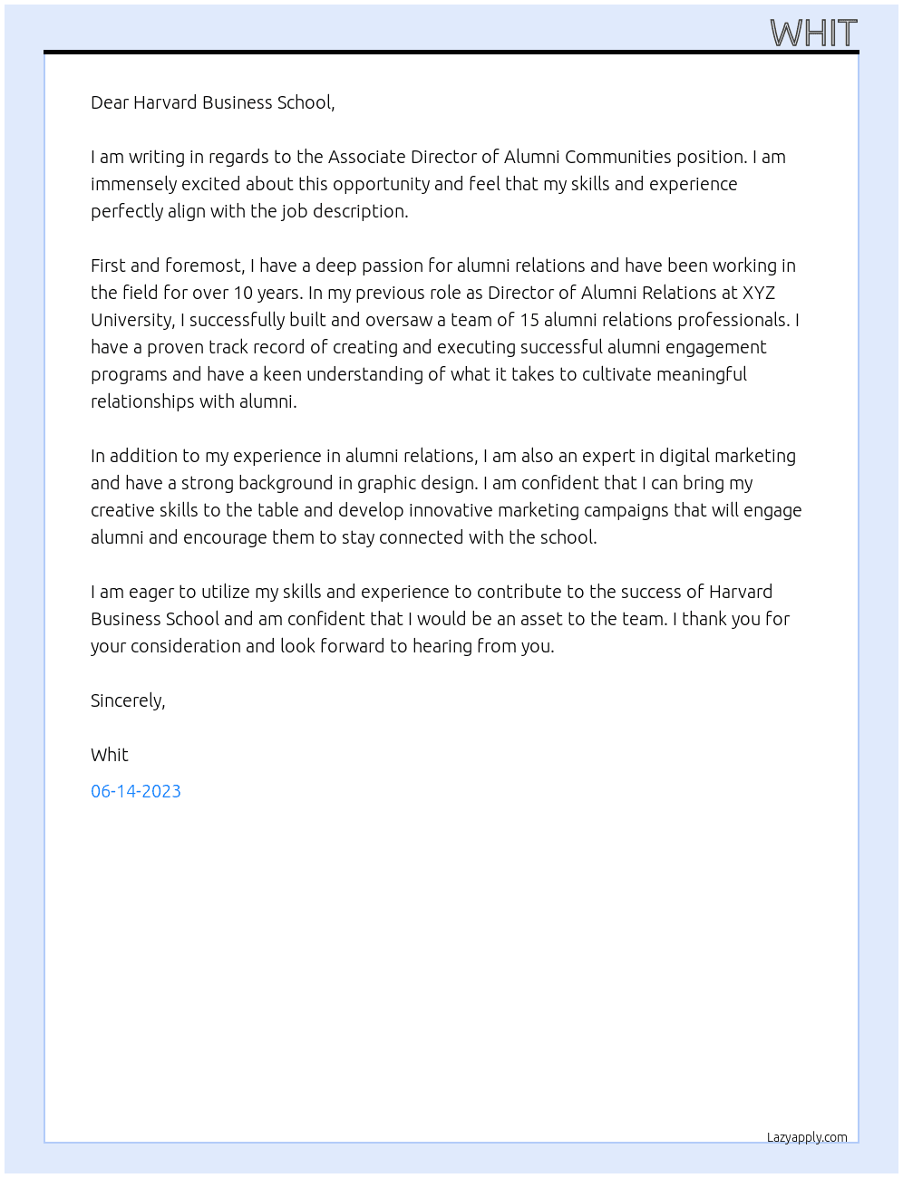 Associate Director of Alumni Communities At Harvard Business School Cover Letter