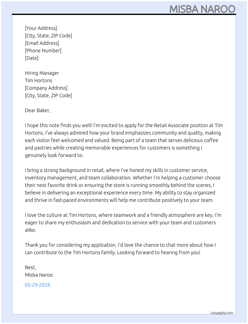  Retail Associate At Tim Hortans Cover Letter
