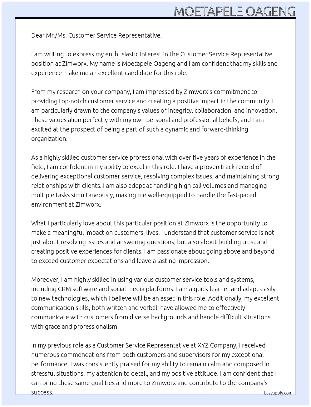 Customer Service Representative At zimworx Cover Letter