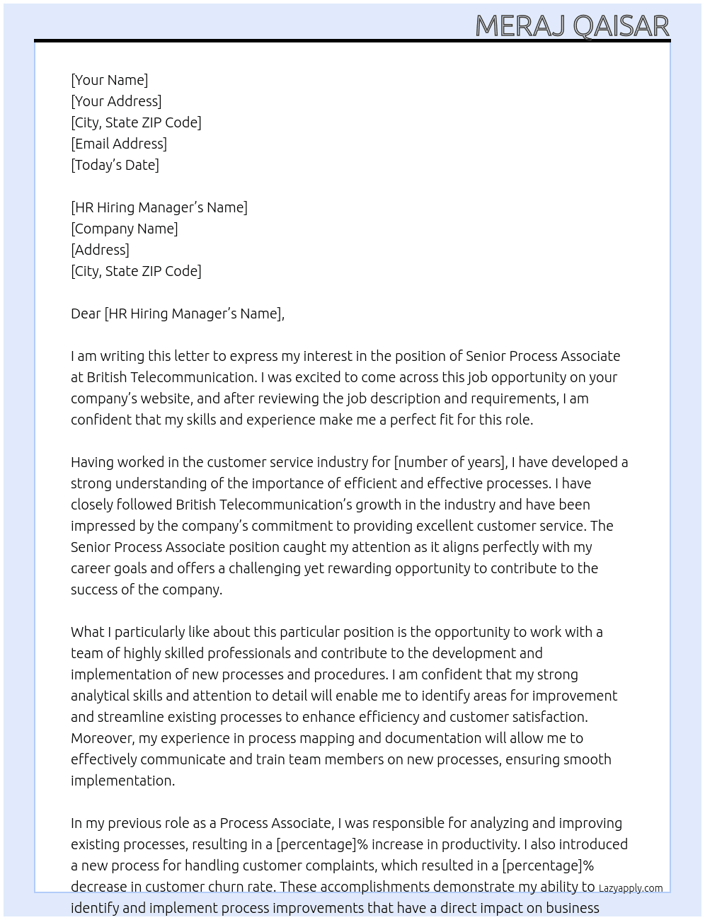 Senior Process Associate At British Telecommunication Cover Letter