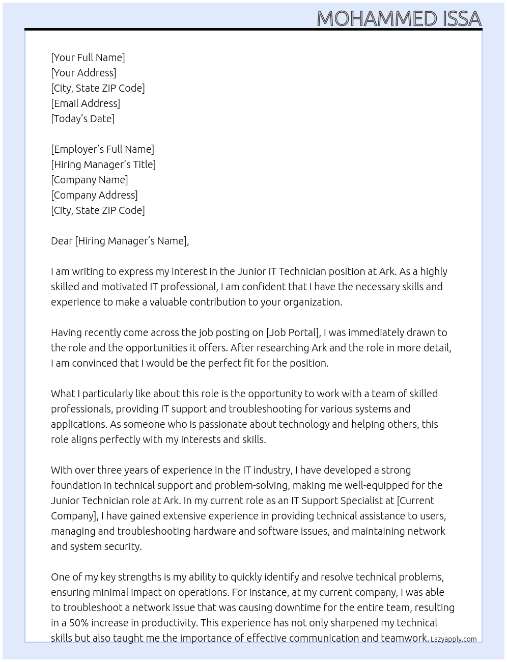 Junior IT Technician  At Ark Cover Letter