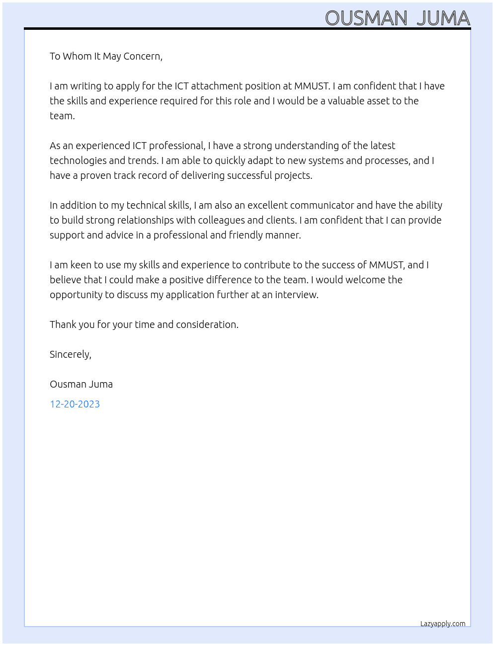 ICT ATTACHMENT At MMUST Cover Letter