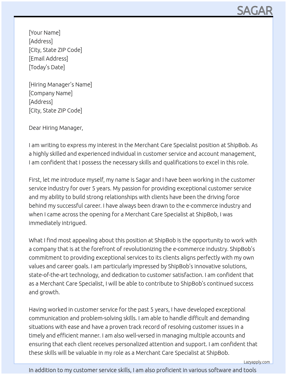 Merchant Care Specialist At  ShipBob Cover Letter