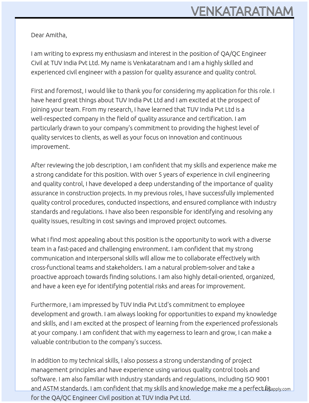 QA/QC- Engineer civil At TUV India Pvt ltd Cover Letter