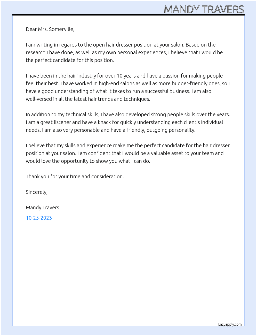 hairdresser At kwarts Cover Letter