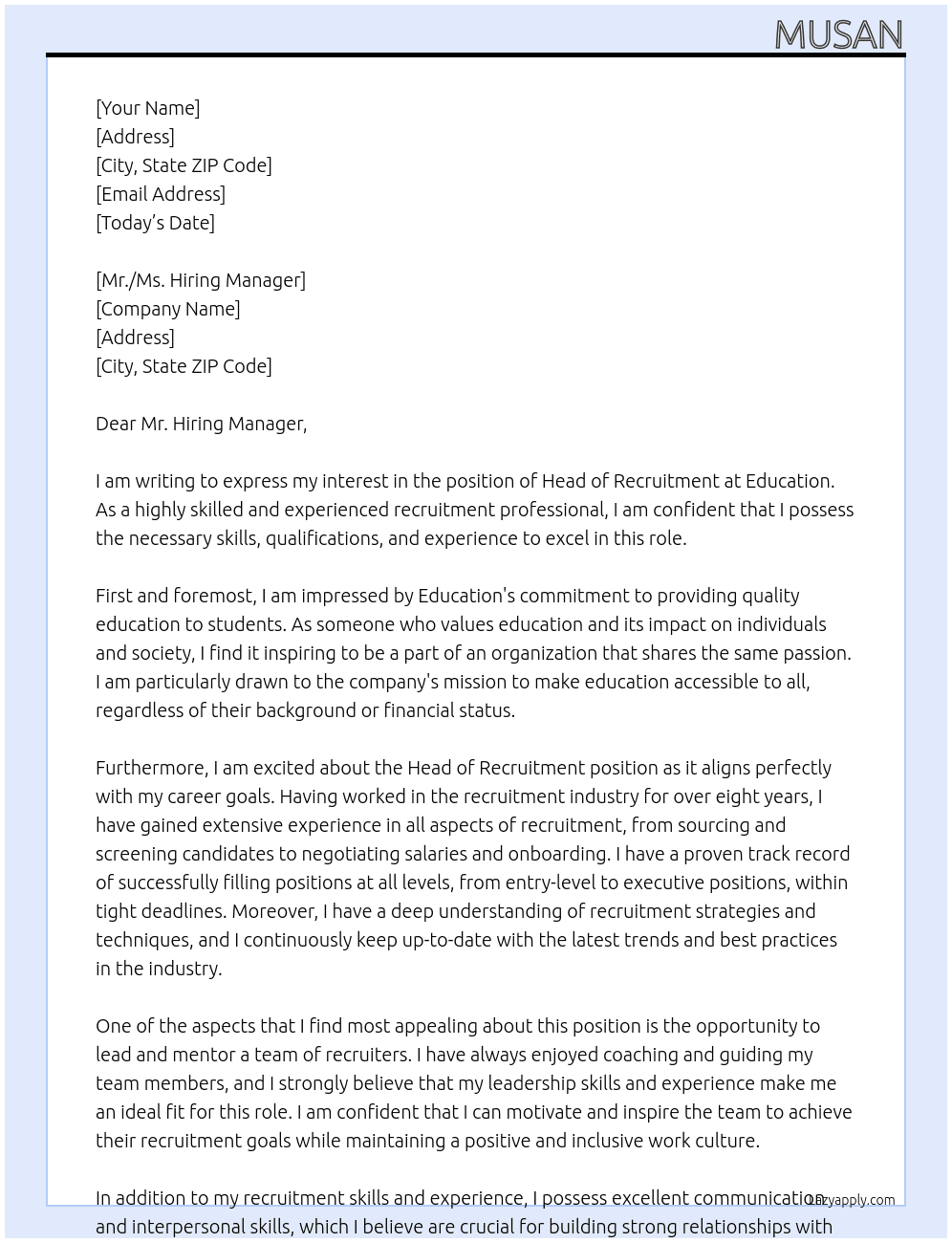 Head of recruitment At Education Cover Letter