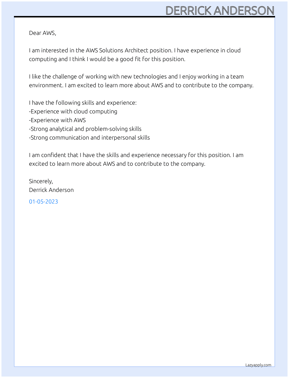 AWS Solutions Architect At AWS  Cover Letter
