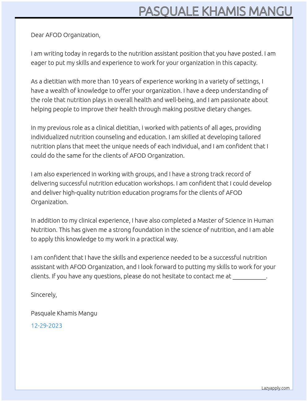 Nutrition assistant At AFOD ORGANIZATION Cover Letter