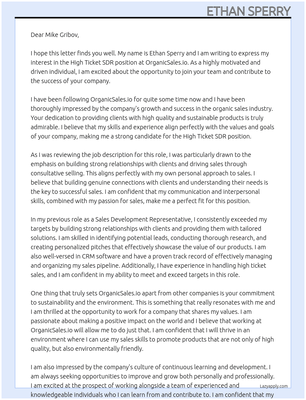 High Ticket SDR At OrganicSales.io Cover Letter