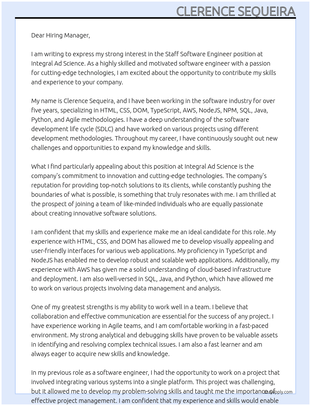Staff Software Engineer At Integral Ad Science Cover Letter