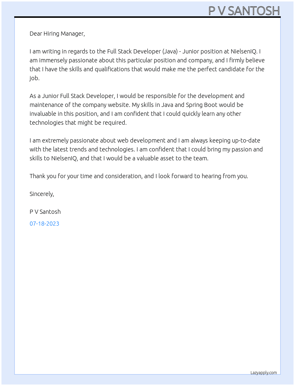 Full Stack Developer (Java) - Junior At NielsenIQ Cover Letter