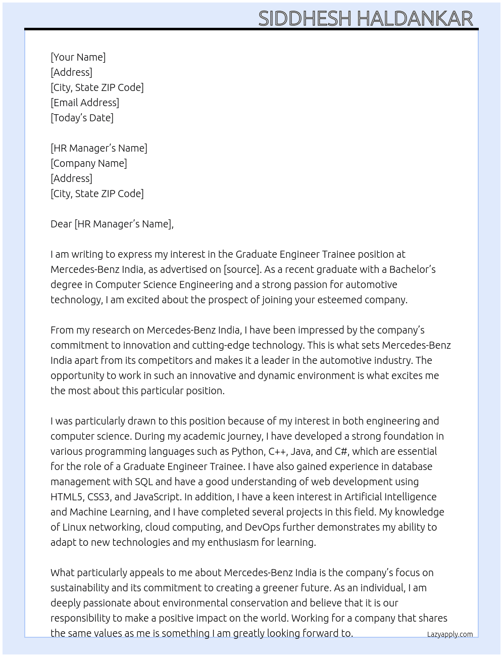 Graduate Engineer Trainee At Mercedes-Benz India Cover Letter