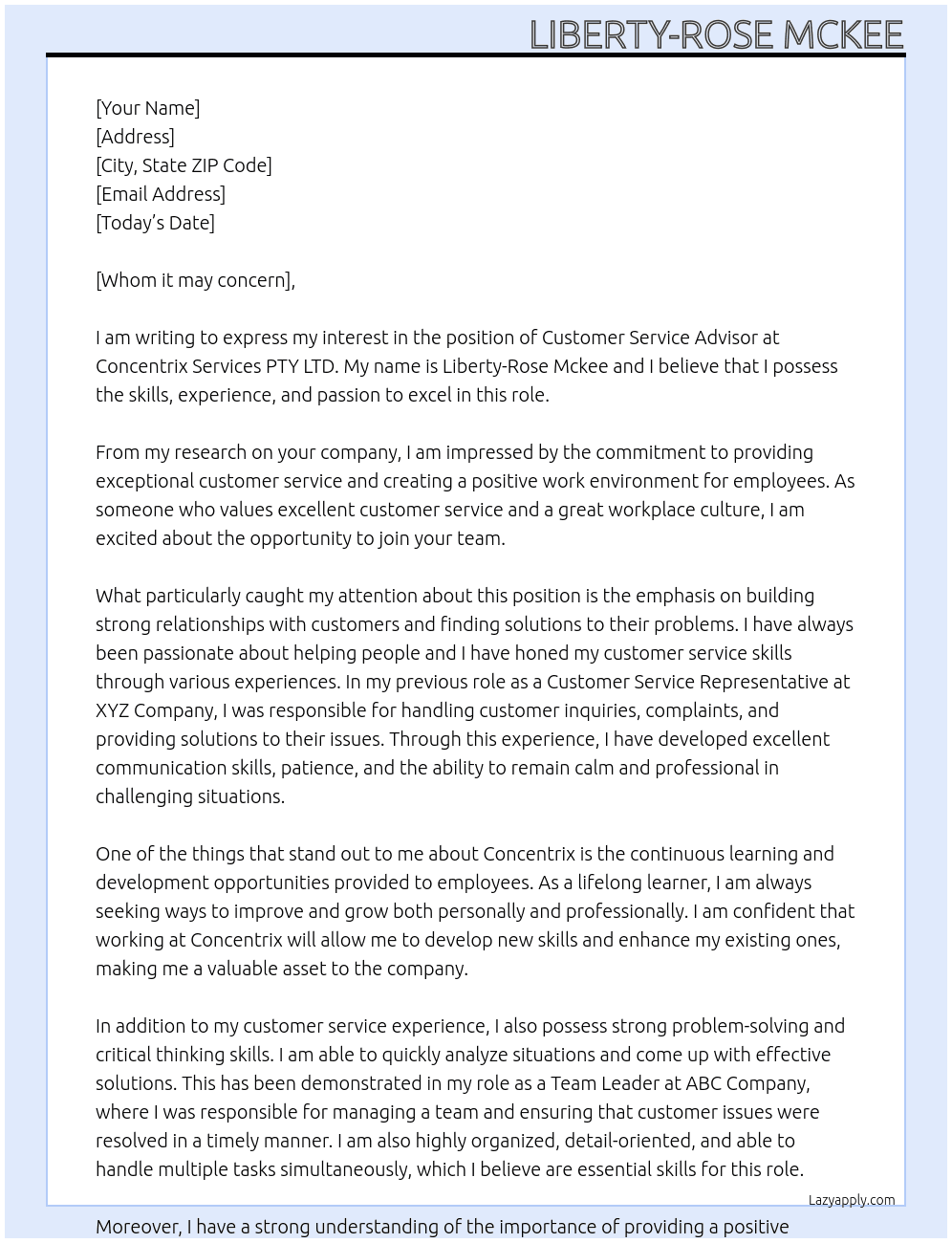 Customer Service Advisor At Concentrix Services PTY LTD Cover Letter