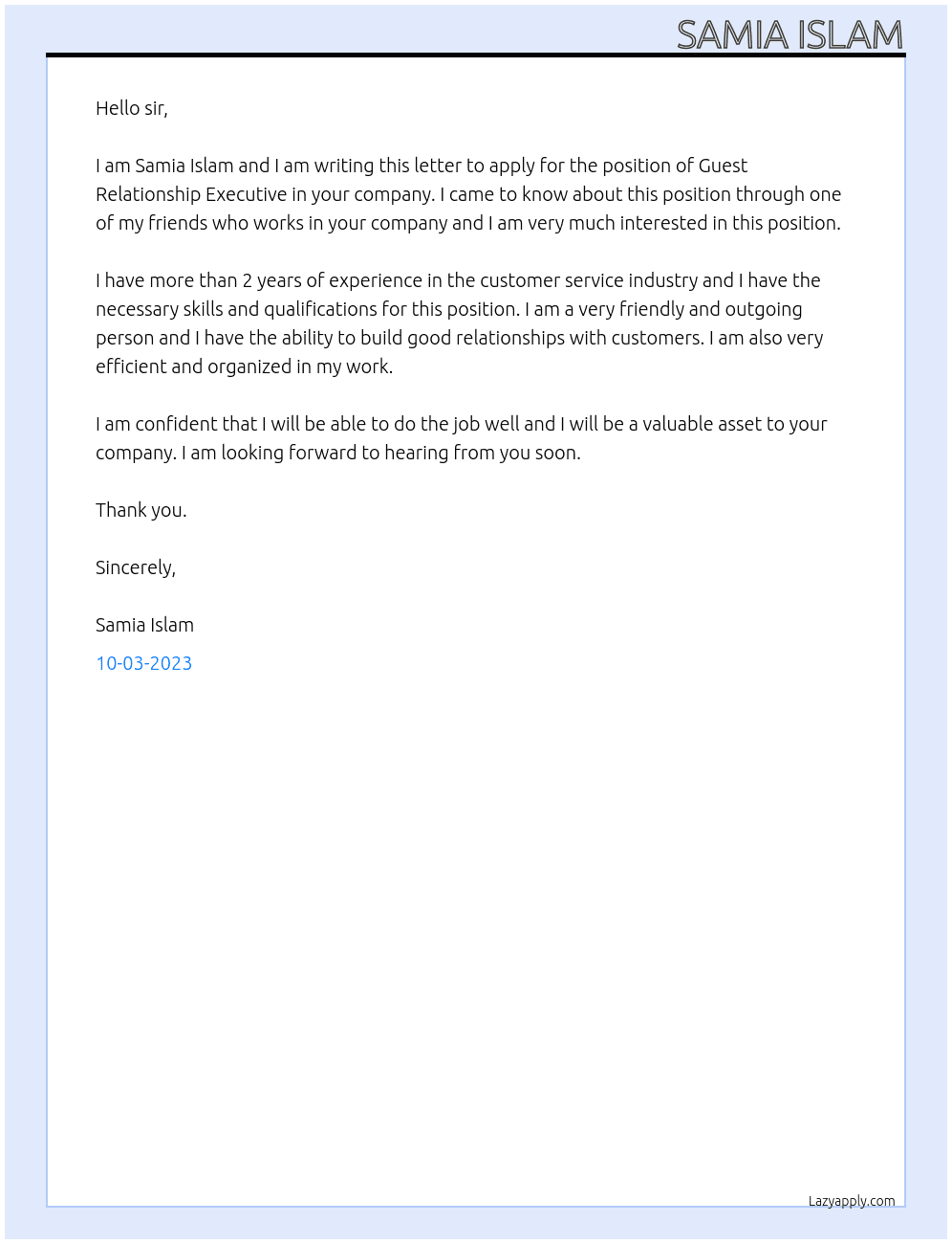 guest relationship executive At A well Reputed  Organization Cover Letter