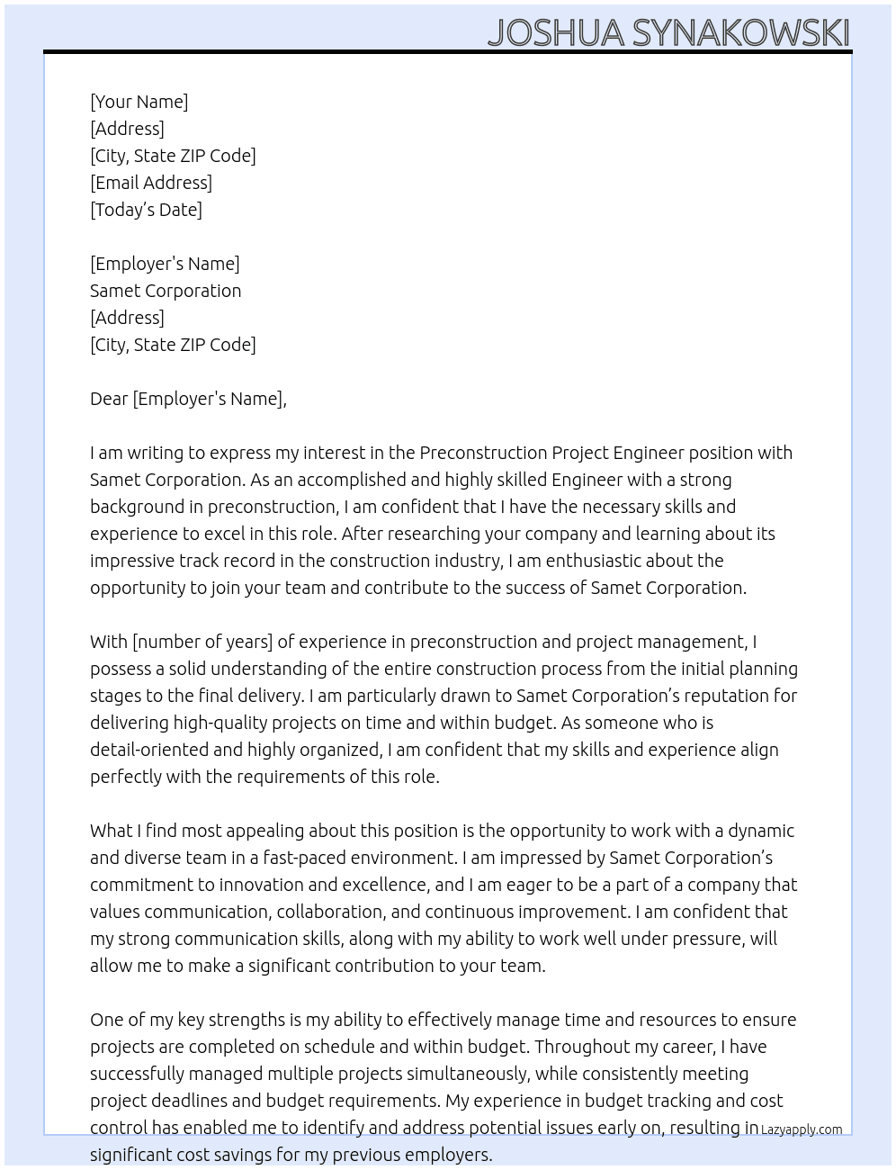 Preconstruction Project Engineer At Samet Corporation Cover Letter