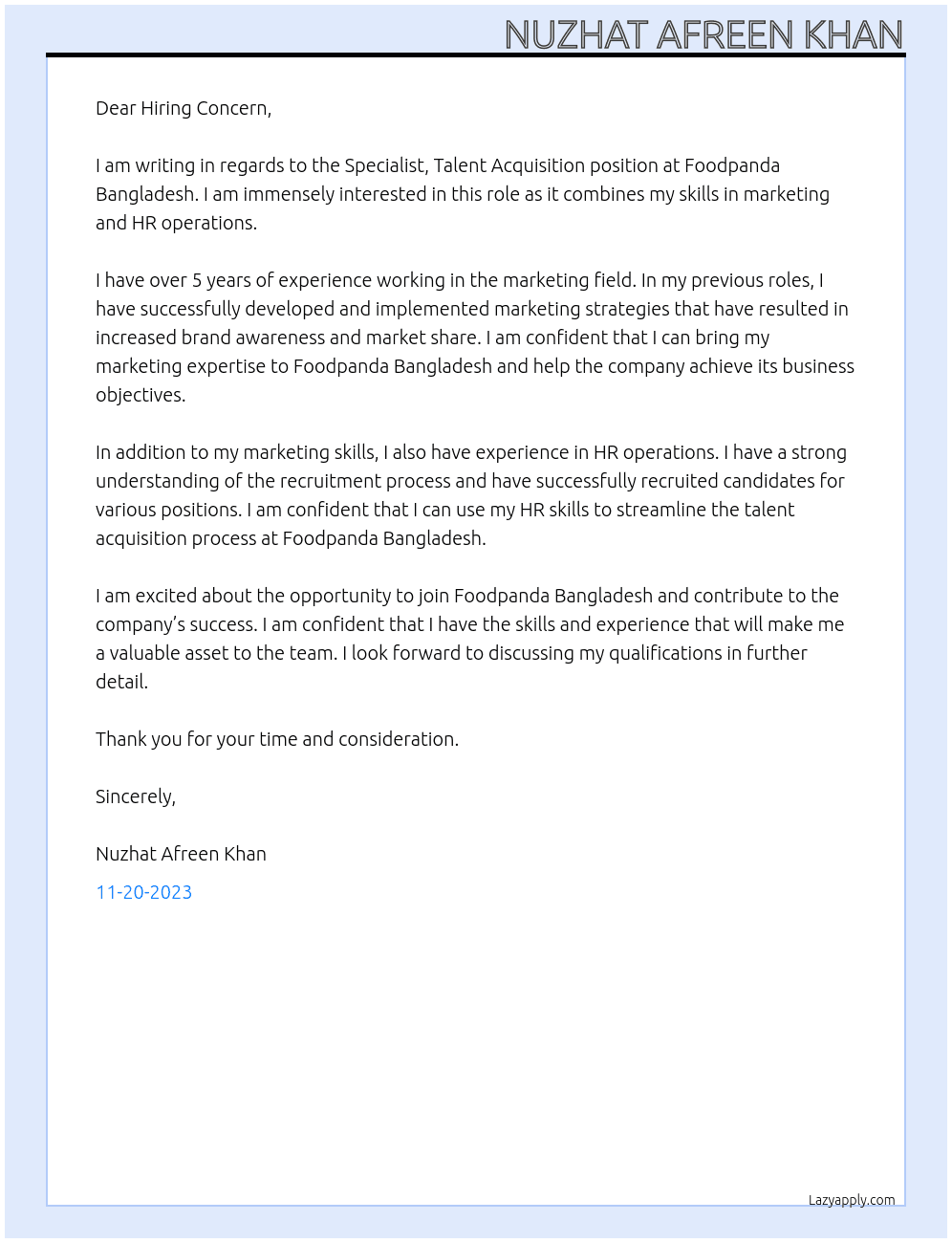 Specialist, Talent Acquisition At Foodpanda Bangladesh Cover Letter