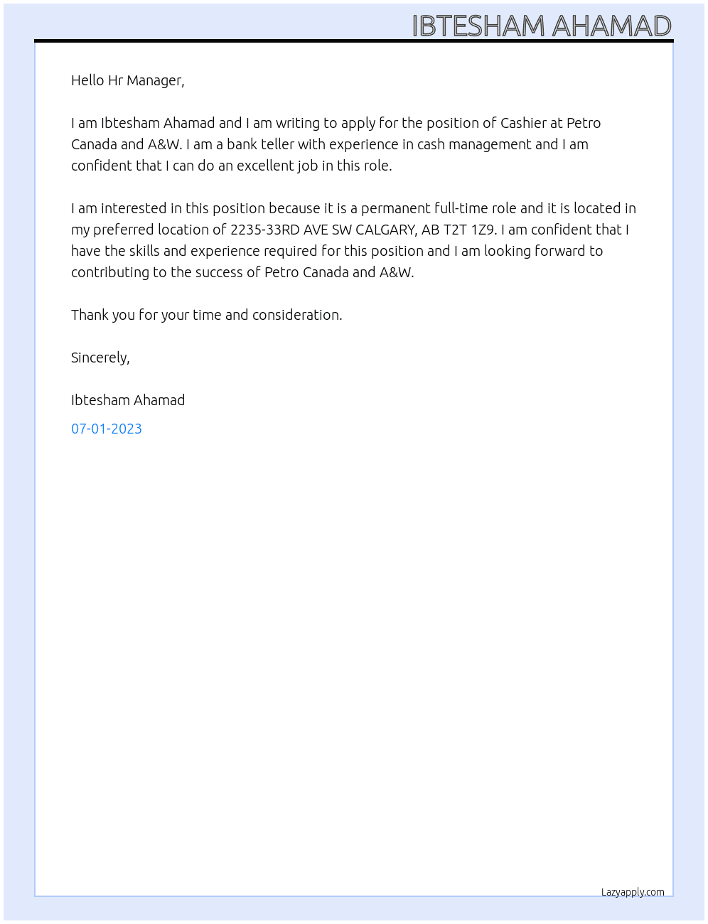 Cashier At Petro Canada and A&W Cover Letter
