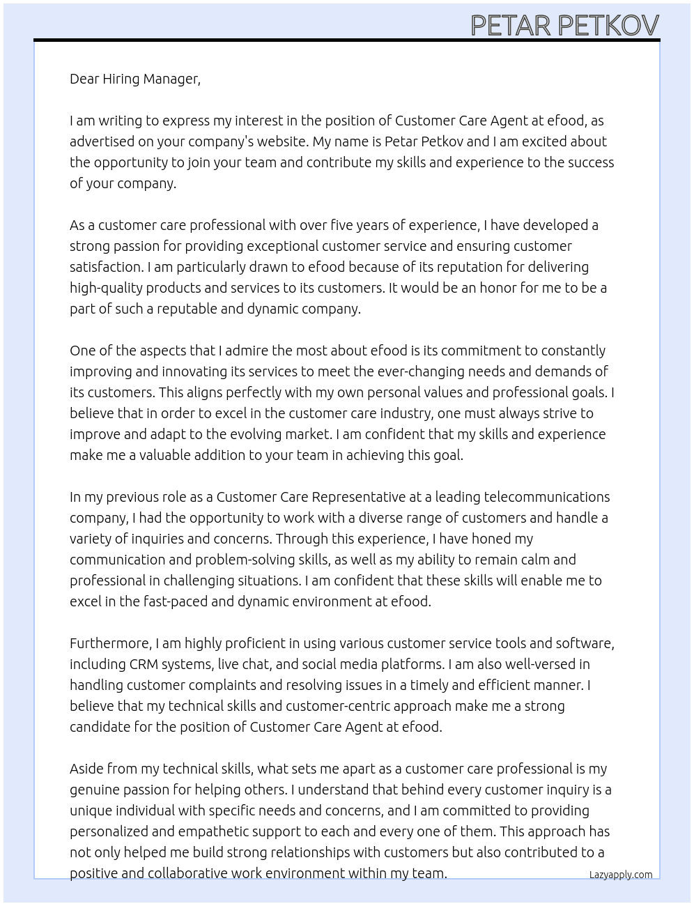 Customer Care Agent At efood Cover Letter