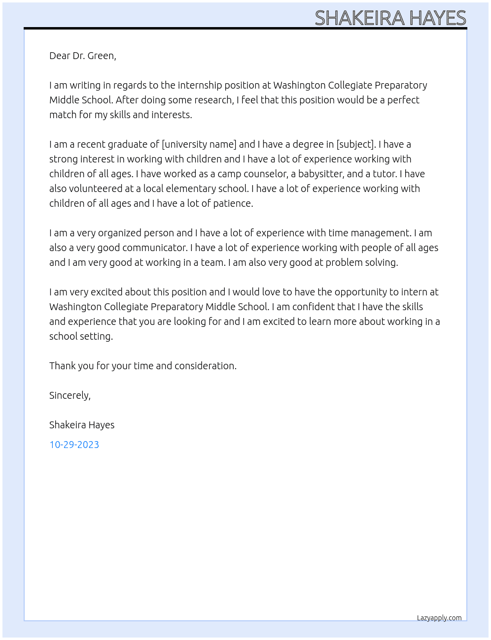 Washington Collegiate Preparatory internship  At Washington Collegiate Preparatory Middle School  Cover Letter