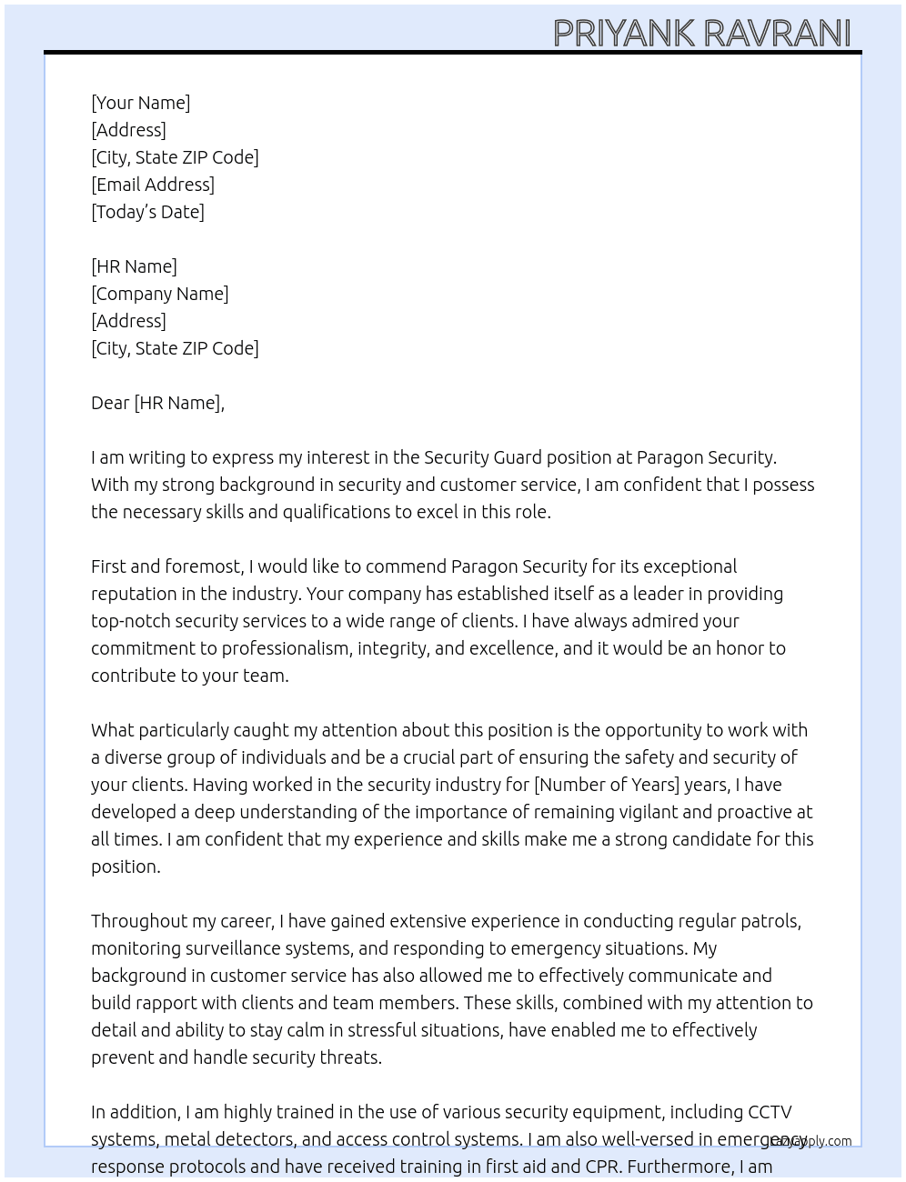 Security guard At Paragon Security  Cover Letter