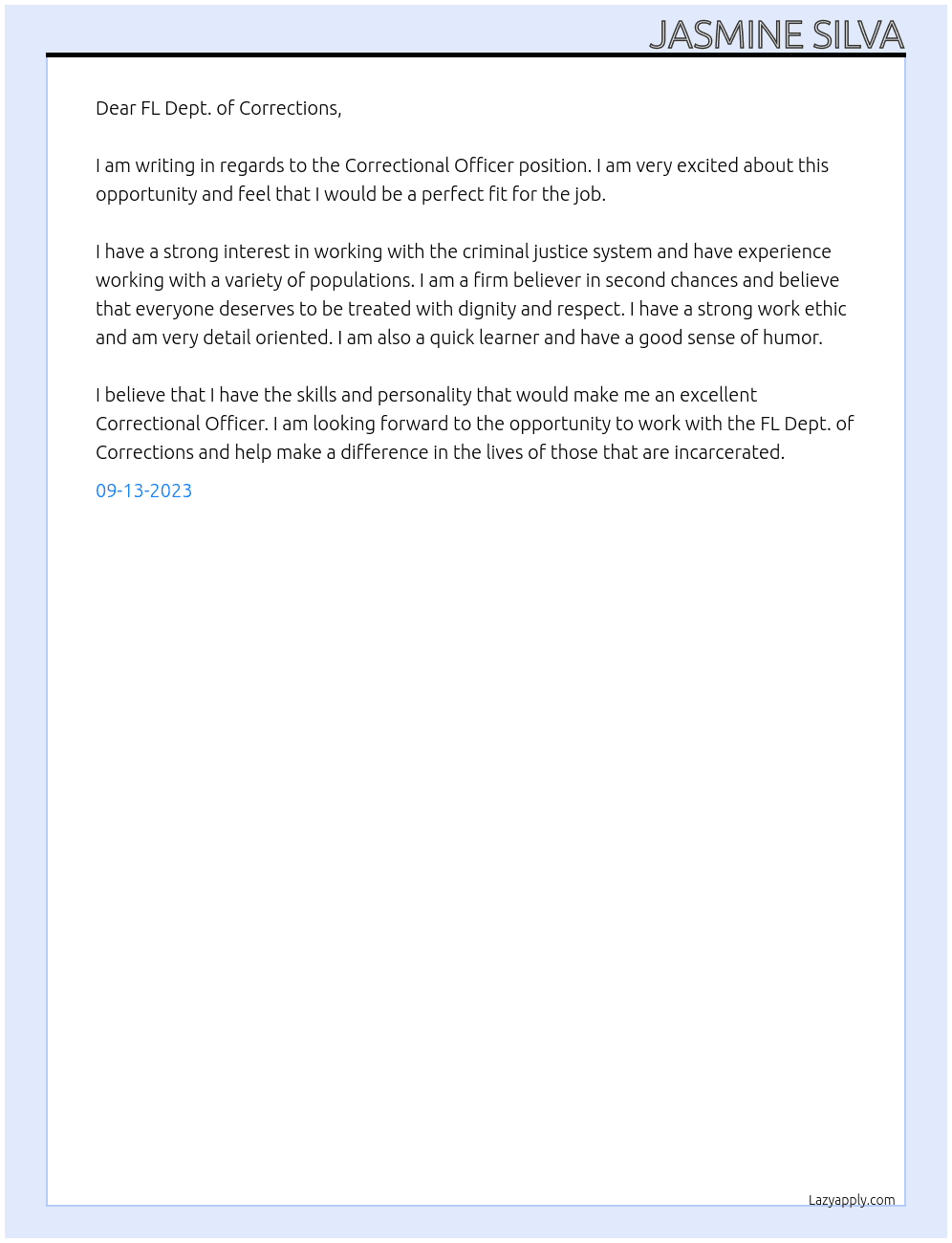 Correctional Officer At FL Dept. of Corrections Cover Letter