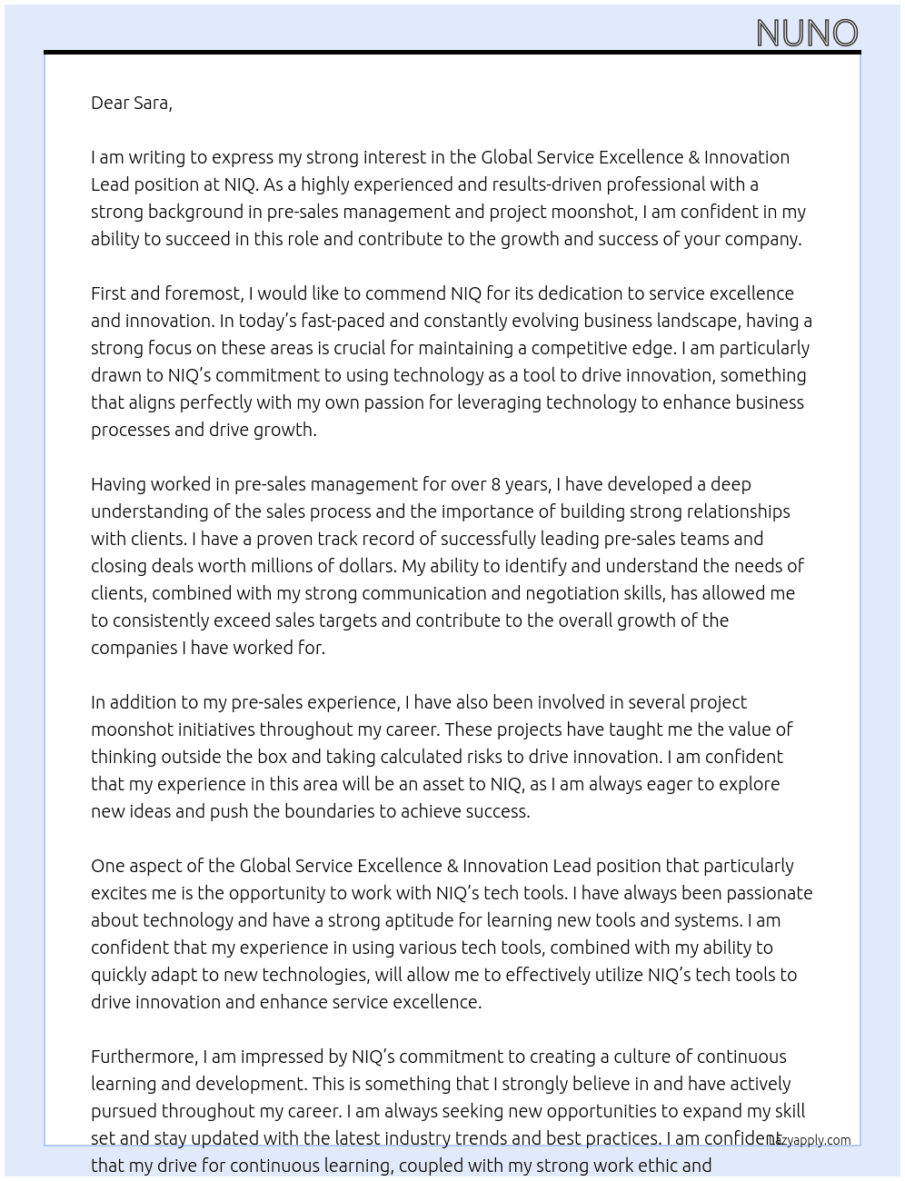 Global Service Excellence & Innovation Lead At NIQ Cover Letter
