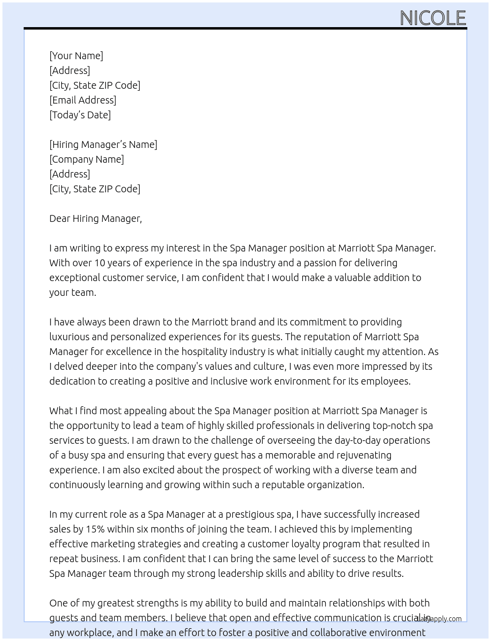 Spa Manager At Marriott Spa Manager Cover Letter