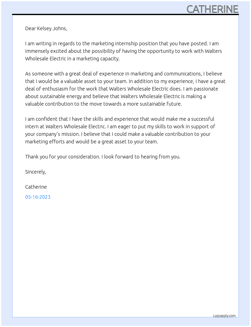 marketing internship At walters wholesale electric  Cover Letter